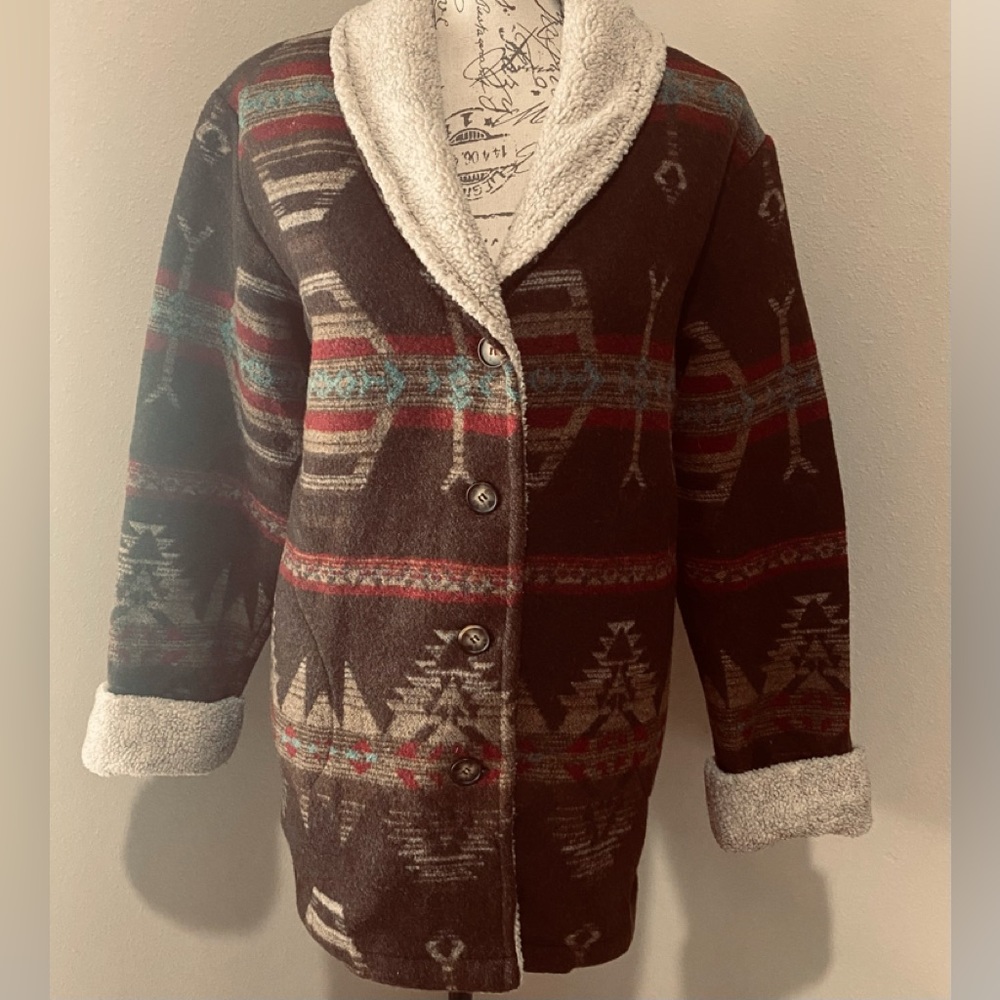 ColdWater Creek Medium Dark Brown Southwest Long Jacket with Wool Collar & Cuffs